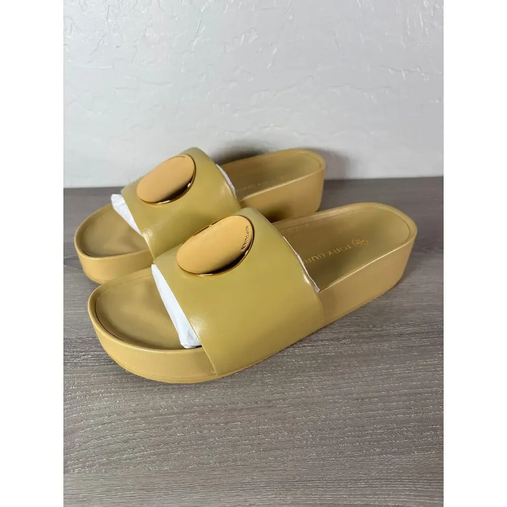 Tory Burch Sandals 9.5 Womens Cornbread Yellow Patos Leather‎ Slip-On Platform